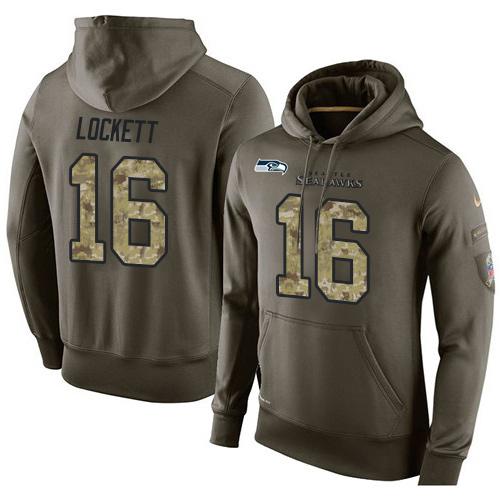 NFL Men's Nike Seattle Seahawks #16 Tyler Lockett Stitched Green Olive Salute To Service KO Performance Hoodie - Click Image to Close
